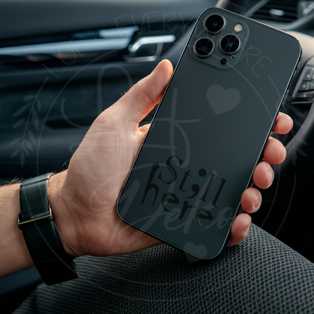 Hand hält Smartphone mit dunkler Handyhülle und dem Schriftzug ‚St;ll here‘ im Auto